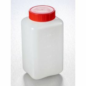 Flacon carré PEHD 1000ml, cape à vis rouge et topette