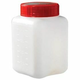 Flacon carré PEHD 500ml, cape à vis rouge et topette