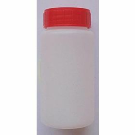 Flacon rond PEHD 150ml, cape à vis rouge et topette, stérile