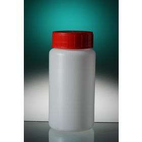 Flacon rond PEHD 150ml, cape à vis rouge et topette