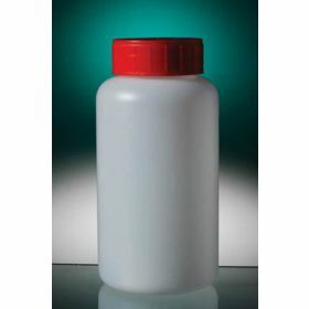 Flacon rond PEHD 250ml, cape à vis rouge avec lèvre rentrante