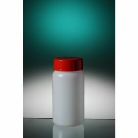 Flacon rond PEHD 50ml, cape à vis rouge et topette