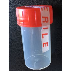Conteneur TP35 60ml PP + bouchon à vis rouge + étiquette "stérile"