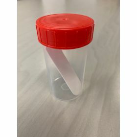 Pot droit 180ml PP, càv.rouge, stérile, spatule