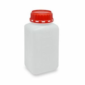 Flacon carré en PEHD 1 L, gradué, bouchon inviolable rouge 55mm, non assemblé