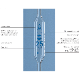 Pipettes jaugées , verre, Blaubrand classe AS, 1 trait, impression bleue