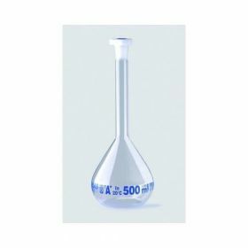 Fioles jaugées ISOLAB en verre borosilicate 3.3, classe A, avec bouchon en PE et graduation bleue